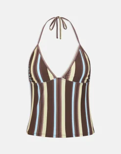 Thorin Tankini in Brown and Blue Linear Stripe
