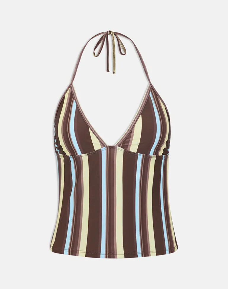 Thorin Tankini in Brown and Blue Linear Stripe