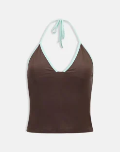 Thorin Tankini in Brown with Aqua Binding