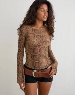 Tineko Long Sleeve Top in Snake Skin Brown