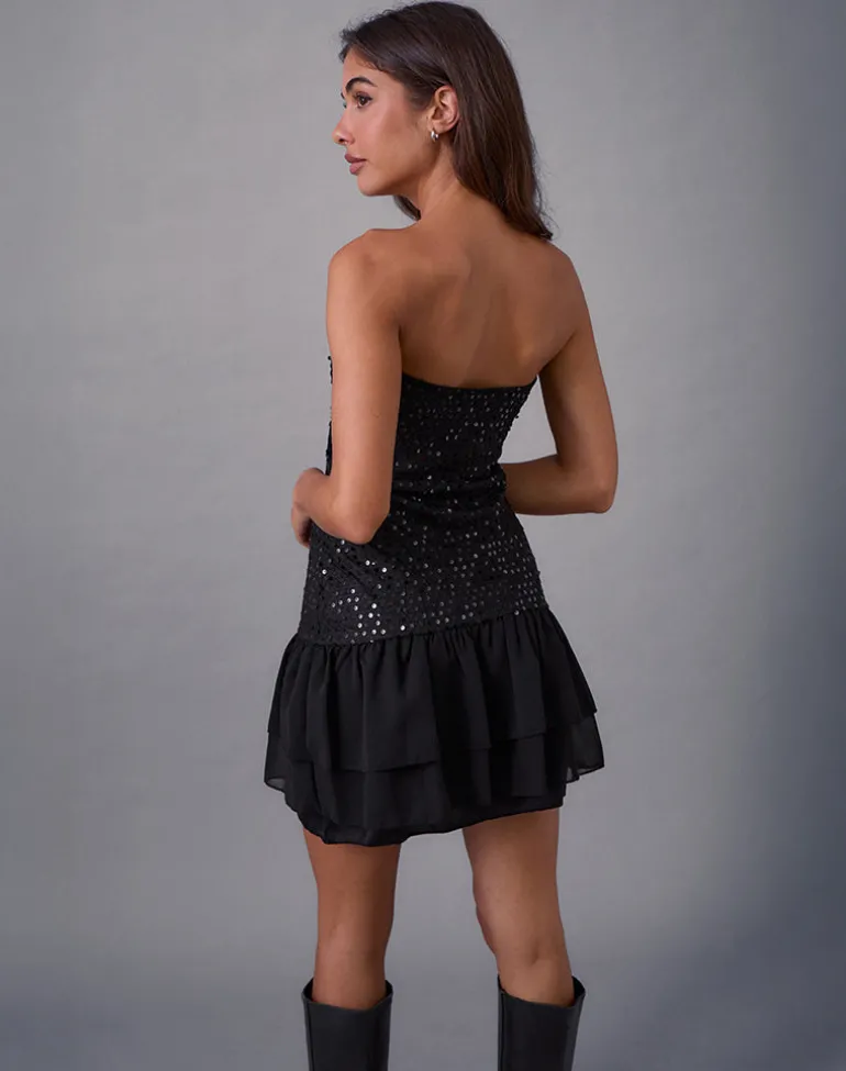Tinosa Corset Dress in Ruffle Sequin Black