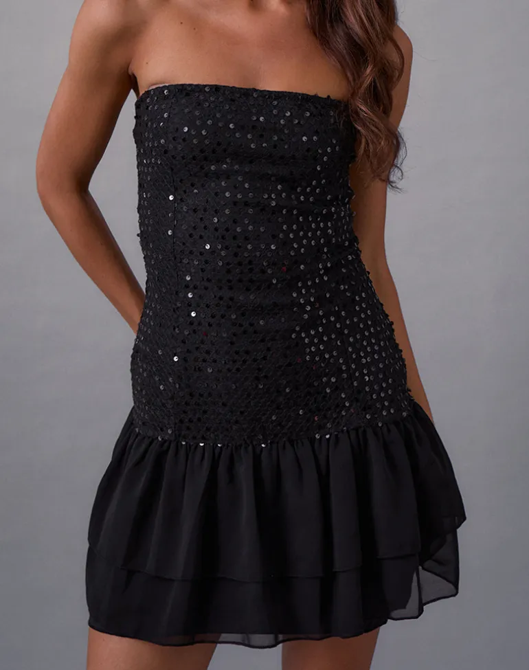 Tinosa Corset Dress in Ruffle Sequin Black