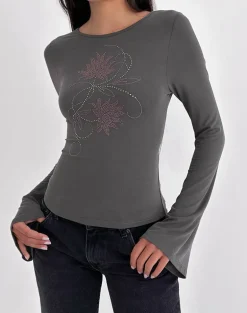 Tiyana Long Sleeve Top in Diamante Flower Dark Grey