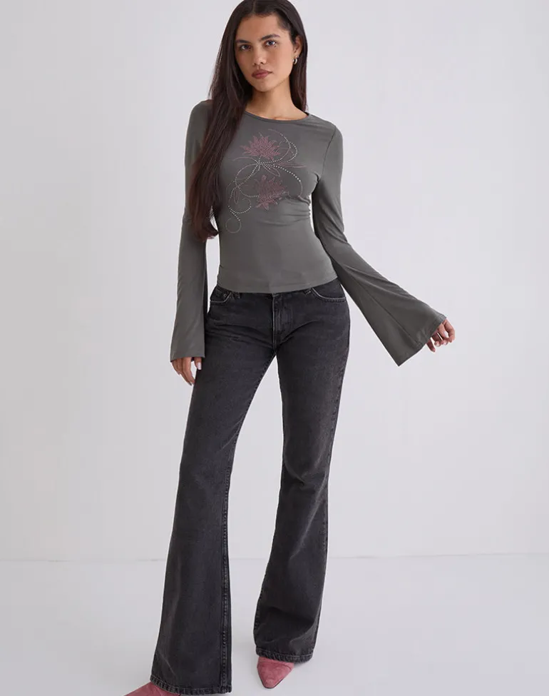 Tiyana Long Sleeve Top in Diamante Flower Dark Grey