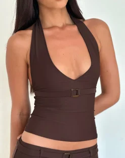 Towi Swim Tank Top in Brown with Trim