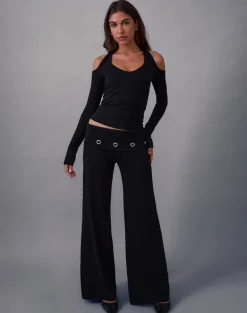Travis Foldover Trouser in Black with Eyelets