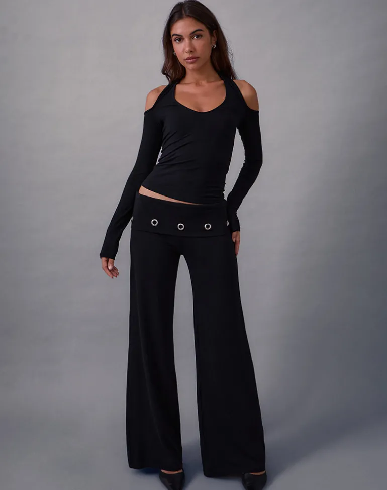 Travis Foldover Trouser in Black with Eyelets