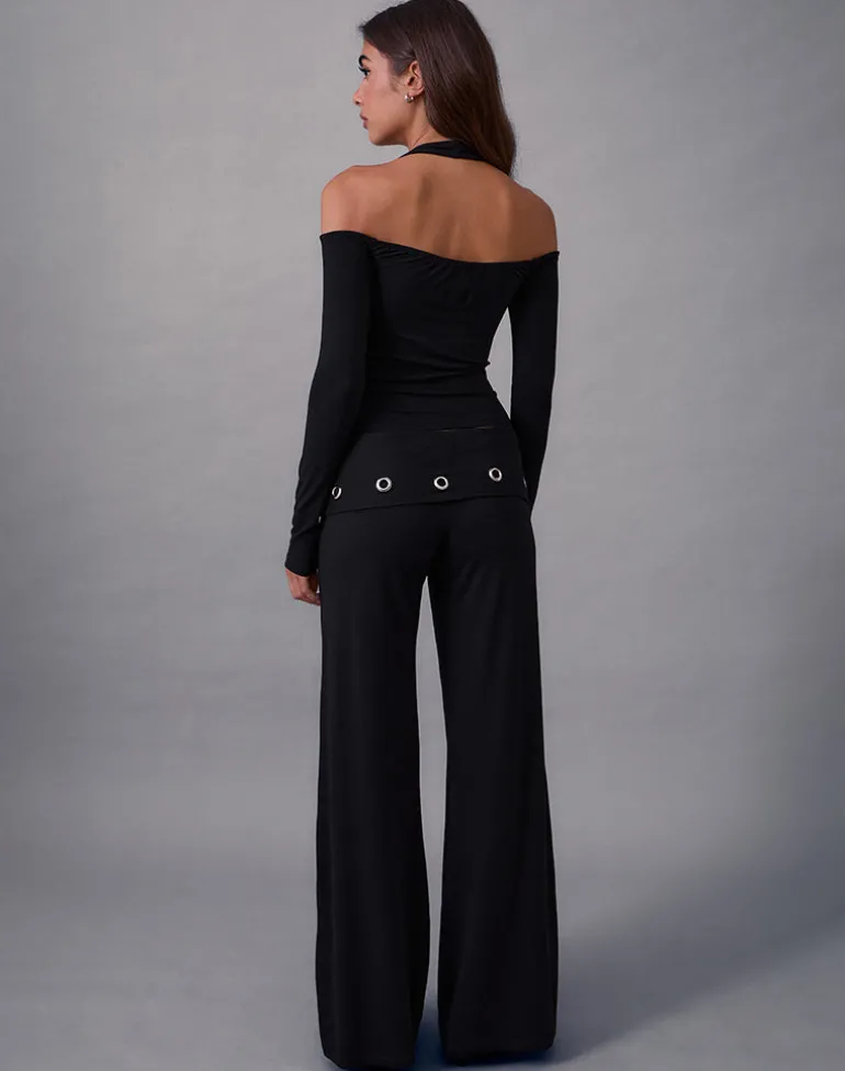 Travis Foldover Trouser in Black with Eyelets