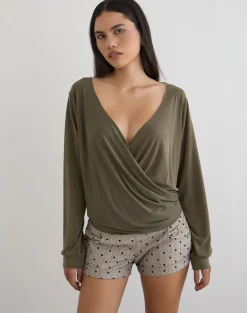 Tricia Plunge Drape Top in Cupro Khaki