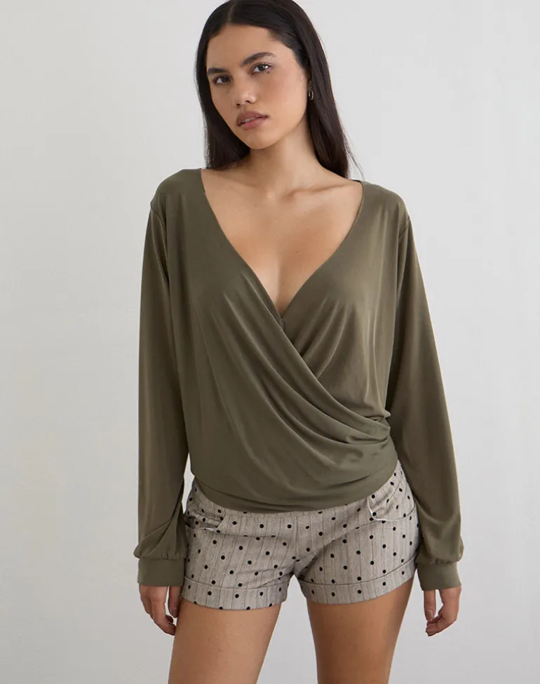 Tricia Plunge Drape Top in Cupro Khaki