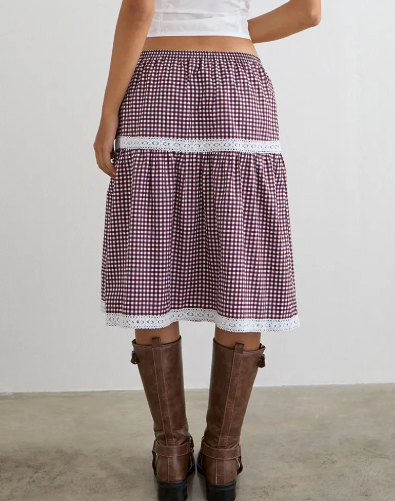 Trixie Midi Skirt in Mini Gingham Wine