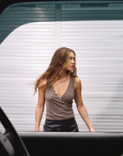 Tulia Button Vest Top in Brown