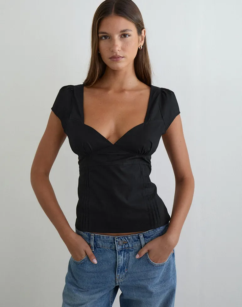 Uliva Cap Sleeve Corset Top in Poplin Black