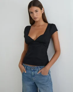 Uliva Cap Sleeve Corset Top in Poplin Black