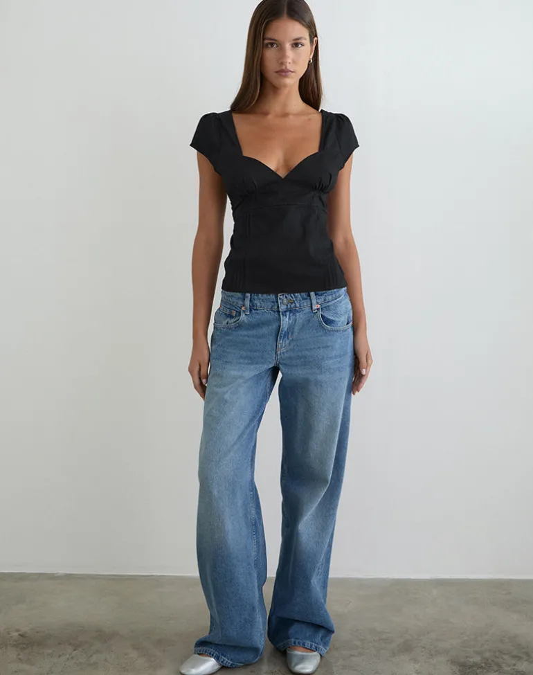 Uliva Cap Sleeve Corset Top in Poplin Black