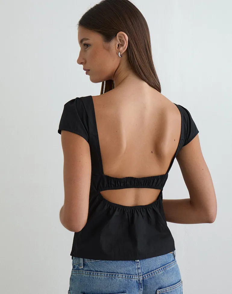 Uliva Cap Sleeve Corset Top in Poplin Black