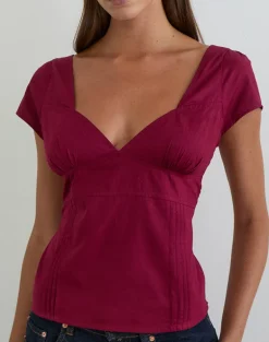 Uliva Cap Sleeve Corset Top in Poplin Burgundy