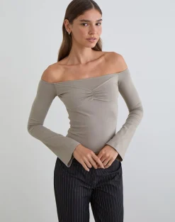 Ursuly Long Sleeve Bardot Top in Moon Rock