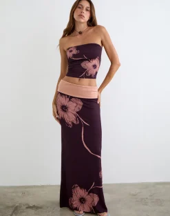 Valdra Maxi Skirt in Burgundy with Flower Silhouette