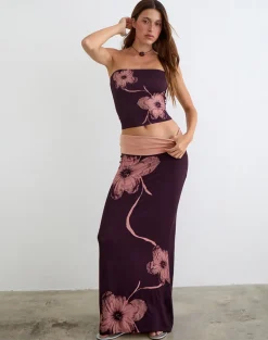 Valdra Maxi Skirt in Burgundy with Flower Silhouette