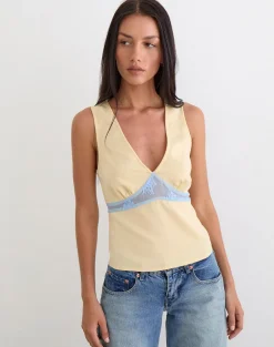 Valeska Lace Insert Top in Satin Lemon