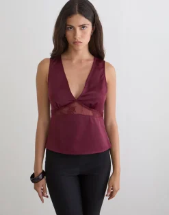 Valeska Lace Insert Top in Satin Zinfandel