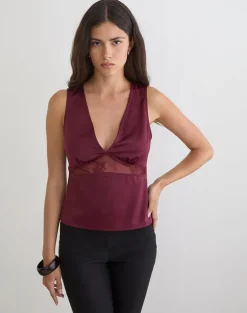 Valeska Lace Insert Top in Satin Zinfandel