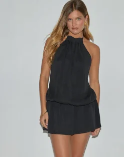 Veloria Halterneck Mini Dress in Black Chiffon with Lining