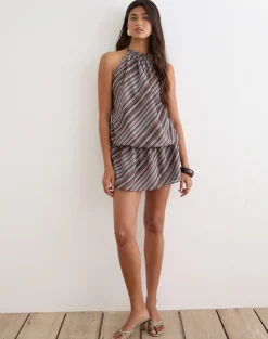 Veloria Halterneck Mini Dress in Chiffon Grey and Maroon Diagonal Stripe
