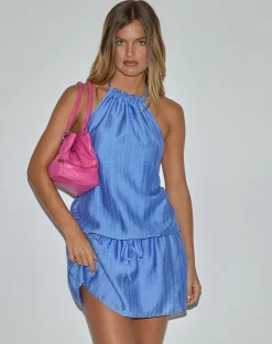 Veloria Halterneck Mini Dress in Blue Chiffon Painted Stripe