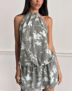 Veloria Halterneck Mini Dress in Blurred Floral Grey