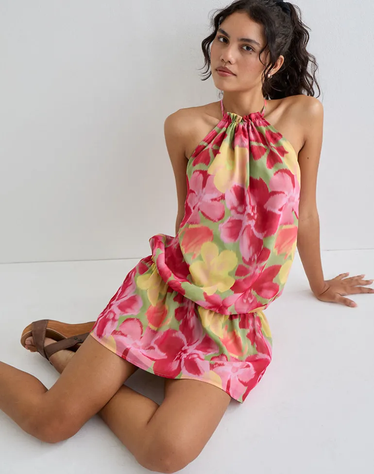 Veloria Halterneck Mini Dress in Bold Multi Colour Floral