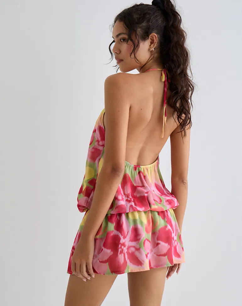 Veloria Halterneck Mini Dress in Bold Multi Colour Floral