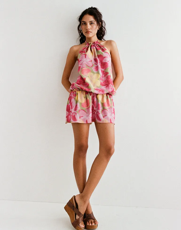 Veloria Halterneck Mini Dress in Bold Multi Colour Floral