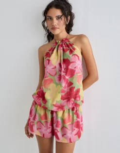 Veloria Halterneck Mini Dress in Bold Multi Colour Floral