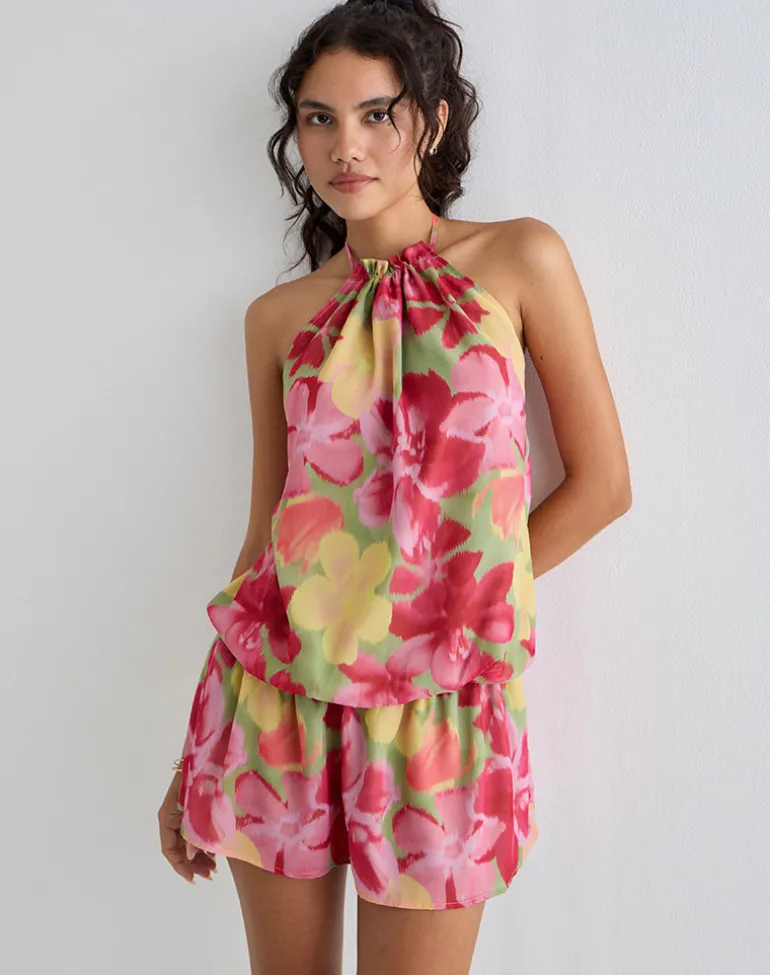 Veloria Halterneck Mini Dress in Bold Multi Colour Floral