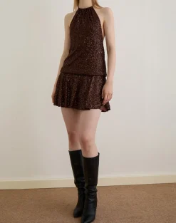 Veloria Mini Dress in Drape Sequin Brown