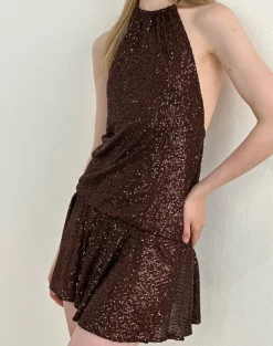 Veloria Mini Dress in Drape Sequin Brown