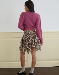 Veny Mini Skirt in Brown and Pink Polka Flower Chiffon
