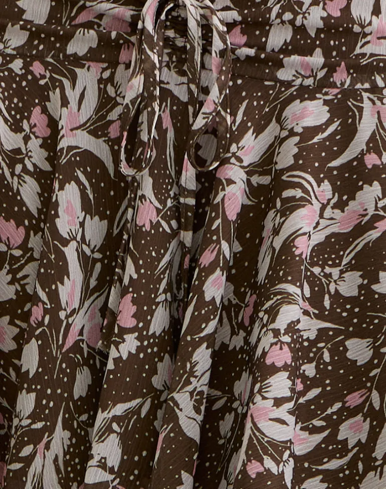 Veny Mini Skirt in Brown and Pink Polka Flower Chiffon