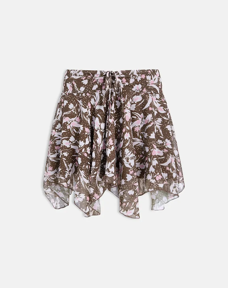 Veny Mini Skirt in Brown and Pink Polka Flower Chiffon