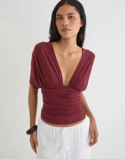 Vernia Plunge Batwing Top in Cupro Burgundy