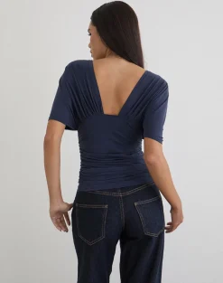 Vernia Plunge Batwing Top in Cupro Navy