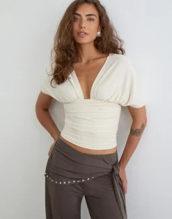 Vernia Plunge Batwing Top in Cupro Cream
