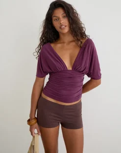 Vernia Plunge Batwing Top in Cupro Dark Plum
