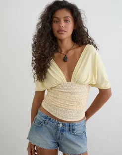 Vernia Plunge Batwing Top in Cupro Yellow with Lace Waist