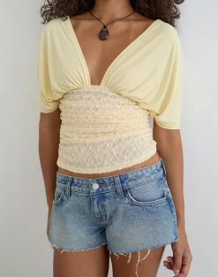 Vernia Plunge Batwing Top in Cupro Yellow with Lace Waist