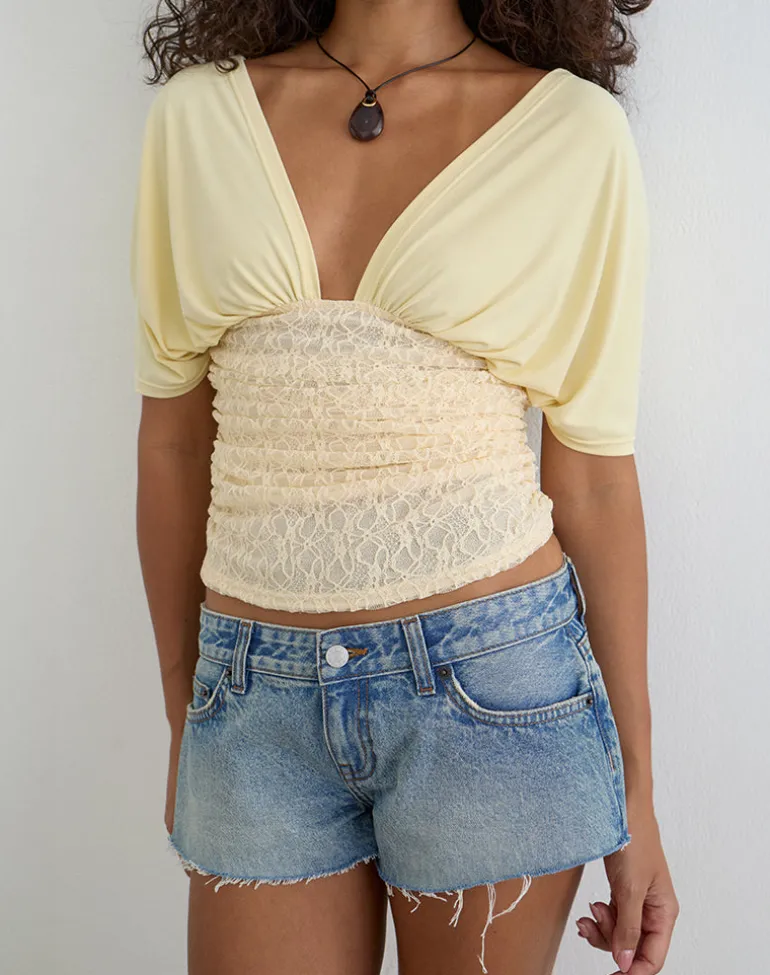Vernia Plunge Batwing Top in Cupro Yellow with Lace Waist