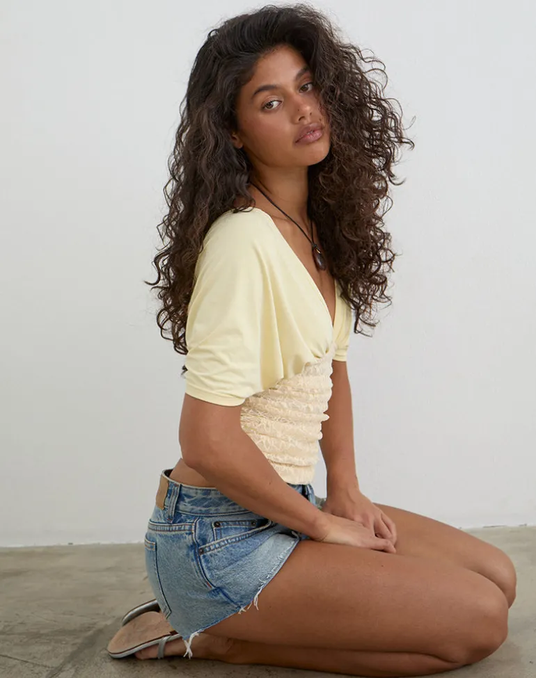 Vernia Plunge Batwing Top in Cupro Yellow with Lace Waist