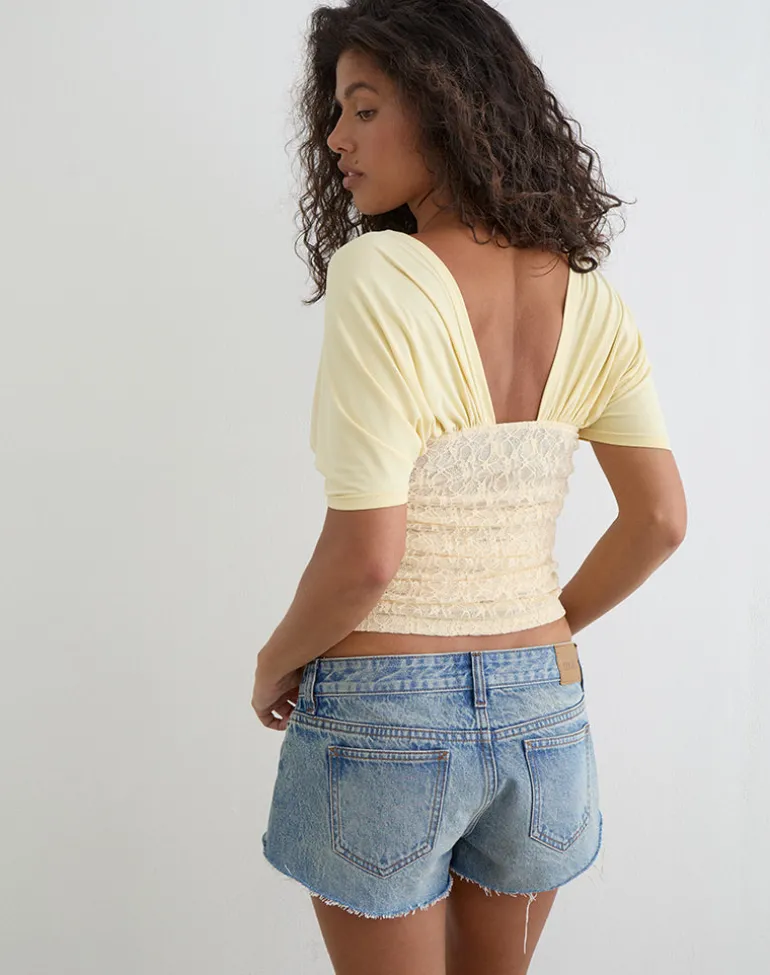 Vernia Plunge Batwing Top in Cupro Yellow with Lace Waist